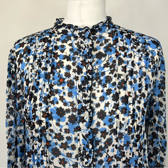 Jigsaw Blouse Size 10 Blue Floral Long Sleeves Ruffle Trims Chiffon - Picture 2 of 6